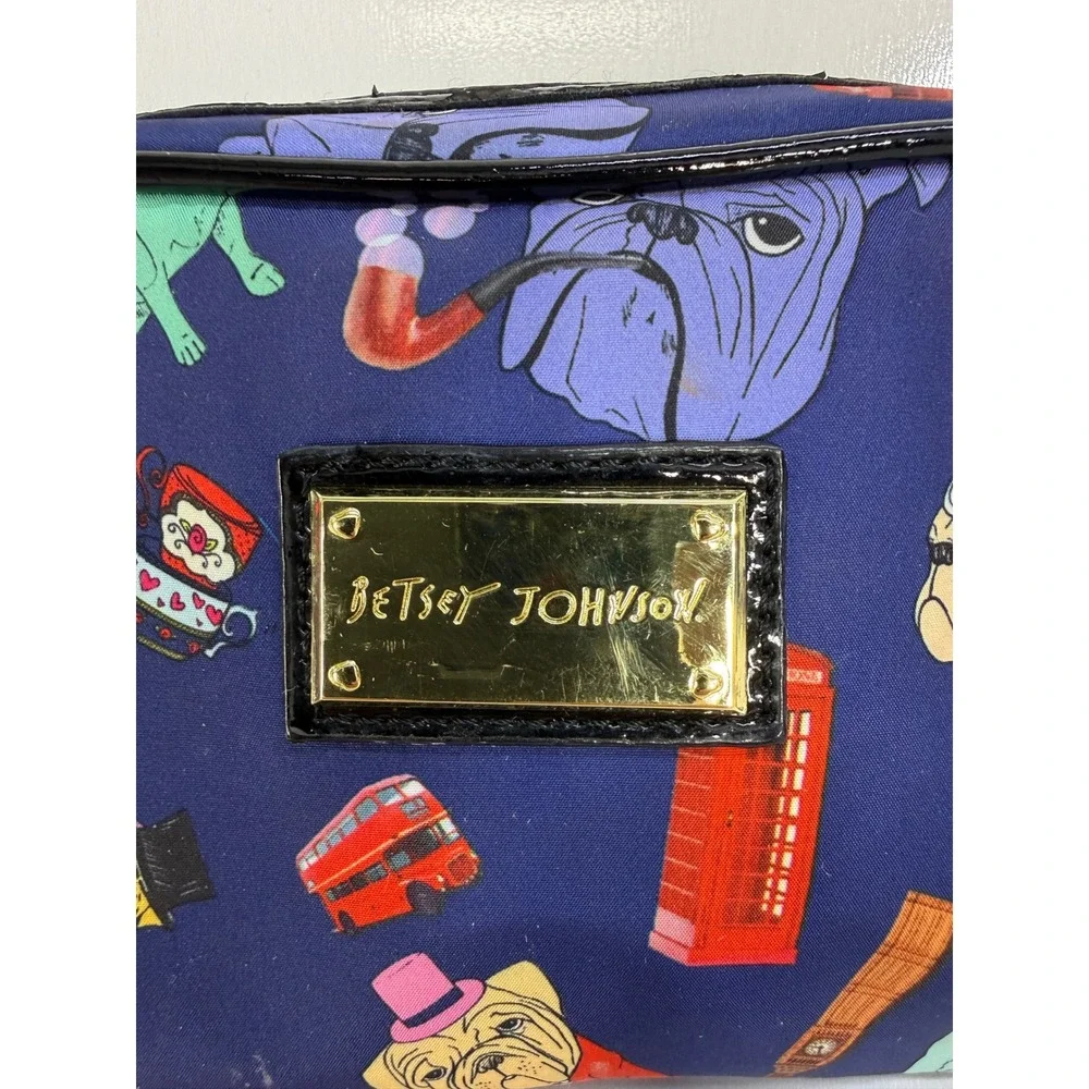 Betsey Johnson London Bulldog Print Cosmetic Bag Navy Blue Makeup Pouch